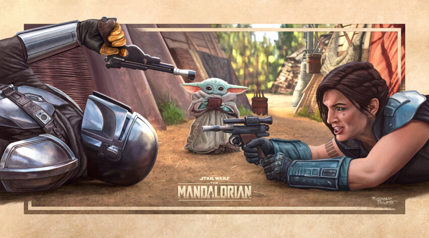 1boy 1girl 1other alien armor black_eyes black_hair cara_dune colored_skin din_djarin english_text gina_carano green_skin grogu gun highres holding holding_gun holding_weapon looking_at_another lying mandalorian mandalorian_helmet on_back on_stomach outdoors pointy_ears richard_philpott short_hair signature star_wars the_mandalorian weapon
