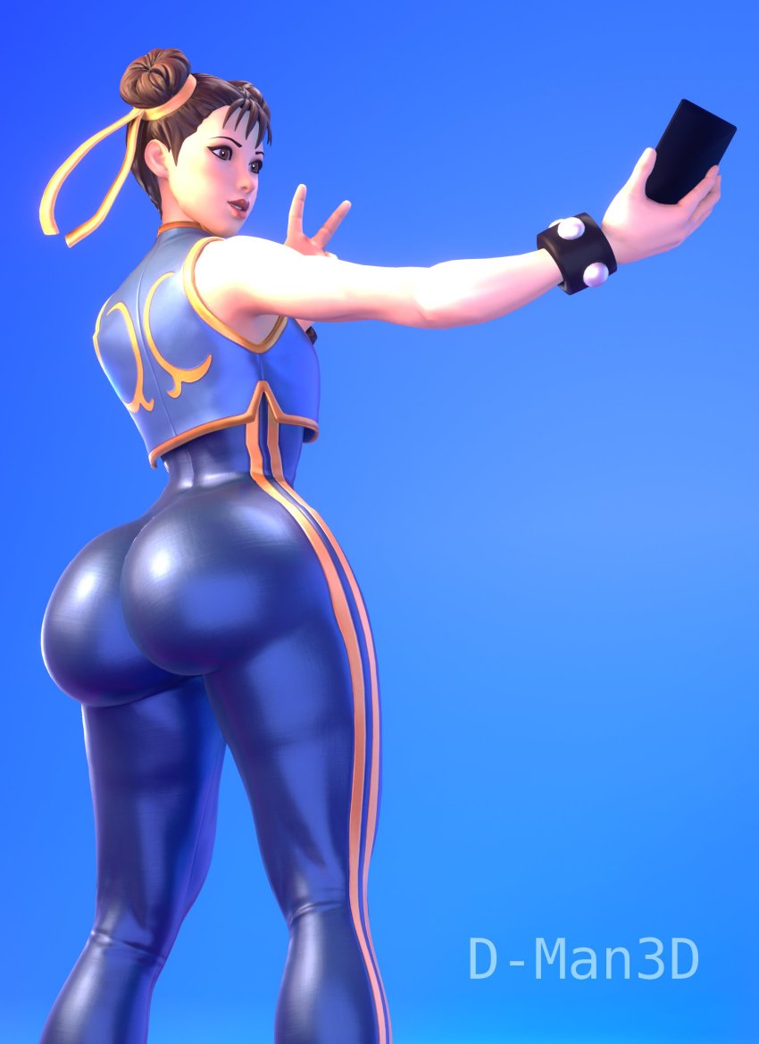 1girl 3d absurdres ass blender_(medium) capcom chun-li dman3d highres huge_ass phone selfie_pose simple_background street_fighter