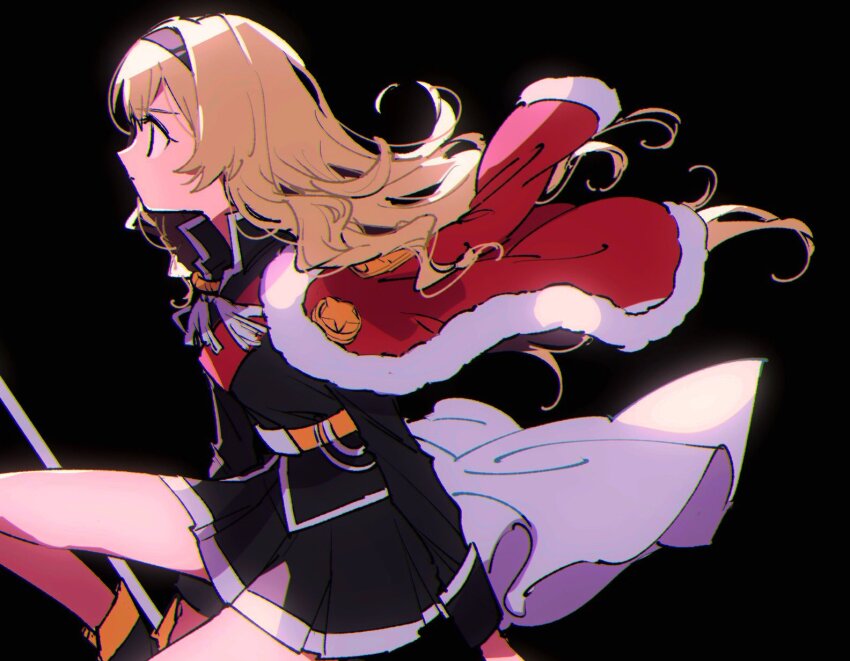 1girl arms_at_sides belt belt_buckle black_background black_boots black_eyes black_hairband black_jacket black_skirt blonde_hair boots buckle chromatic_aberration closed_mouth cowboy_shot floating_hair from_side fur-trimmed_jacket fur_trim hairband high_collar highres holding holding_sword holding_weapon jacket jacket_on_shoulders long_hair long_sleeves looking_ahead miniskirt on_one_knee pochi_(askas_is_god) profile red_jacket red_sash saijou_claudine sash shoujo_kageki_revue_starlight shoulder_sash simple_background skirt solo sword tassel v-shaped_eyebrows waist_cape wavy_hair weapon yellow_belt