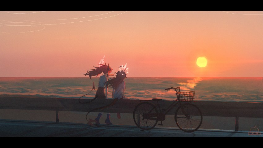 2girls absurdres against_railing alternate_costume artist_name beach bicycle black_hair black_shorts black_skirt blue_archive demon_girl demon_horns demon_tail evening from_behind halo high-waist_skirt highres horns kasumi_(blue_archive) landscape letterboxed megu_(blue_archive) multiple_girls norio_(norio386) ocean on_railing orange_sky outdoors pointing railing red_hair road sand school_uniform shirt shorts skirt sky sun sunset tail water white_shirt