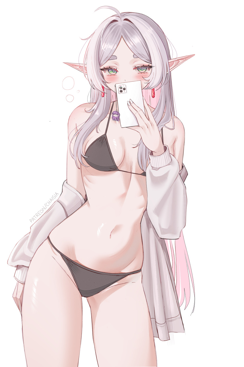 1girl absurdres bare_shoulders black_bra black_panties blush bra breasts cardigan_partially_removed cellphone chaisia_art commentary earrings elf english_commentary fern_(sousou_no_frieren) frieren green_eyes hair_down hair_intakes highres holding holding_phone jewelry long_hair long_sleeves looking_at_viewer messy_hair paid_reward_available panties parted_bangs phone pointy_ears sleepy smartphone solo sousou_no_frieren taking_picture teardrop_earrings thick_eyebrows underwear white_background white_hair