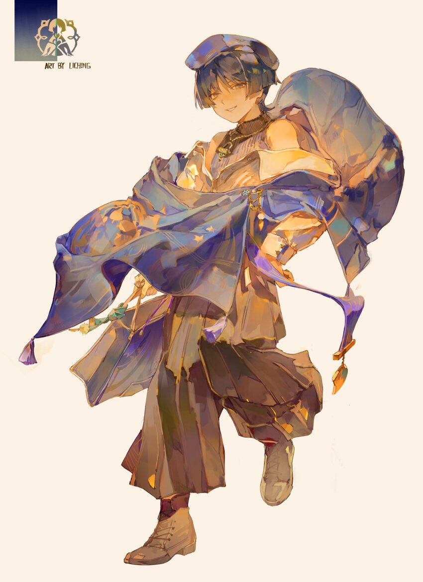 1boy alternate_costume animal_print arms_at_sides artist_name bag beret bird_print black_eyes black_hair black_hakama black_pants black_shirt black_undershirt blue_shawl blunt_ends boots brown_boots clenched_hand collared_shirt constellation_print feathers foot_up fringe_trim genshin_impact gold_necklace gold_trim hakama hakama_pants hand_on_own_hip handbag hat highres holding holding_bag japanese_clothes jewelry lace-up_boots lic_617 looking_at_viewer male_focus necklace off_shoulder official_alternate_costume open_mouth pants pleated_pants pom_pom_(clothes) purple_hat ribbed_shirt scaramouche_(genshin_impact) shawl shirt smirk solo tsurime turtleneck turtleneck_shirt wanderer_(genshin_impact) wanderer_(wanderer_impression)_(genshin_impact) white_background white_mouth white_shirt wing_collar yellow_feathers