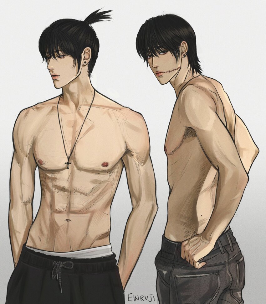 2boys abs artist_name black_eyes black_hair black_pants chainsaw_man cowboy_shot cross cross_necklace earrings einruji from_side glasgow_smile hair_between_eyes hands_in_pockets hayakawa_aki highres jewelry kishibe_(chainsaw_man) kishibe_(young)_(chainsaw_man) looking_at_viewer looking_down male_focus medium_hair mole mole_on_body multiple_boys navel necklace nipples pants parted_lips short_hair simple_background stitched_face stitches stud_earrings topknot topless_male veins white_background