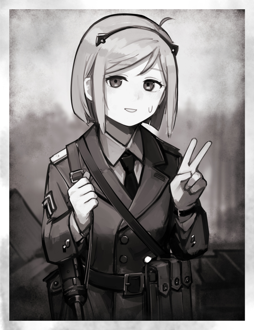 1girl absurdres ammunition_pouch collared_shirt girls&#039;_frontline gun hairband highres inset_border jacket looking_at_viewer m3_(girls&#039;_frontline) m3_submachine_gun military_dress_uniform military_jacket military_uniform monochrome necktie parted_lips pouch rampart1028 sepia shirt short_hair solo submachine_gun sweatdrop upper_body v weapon