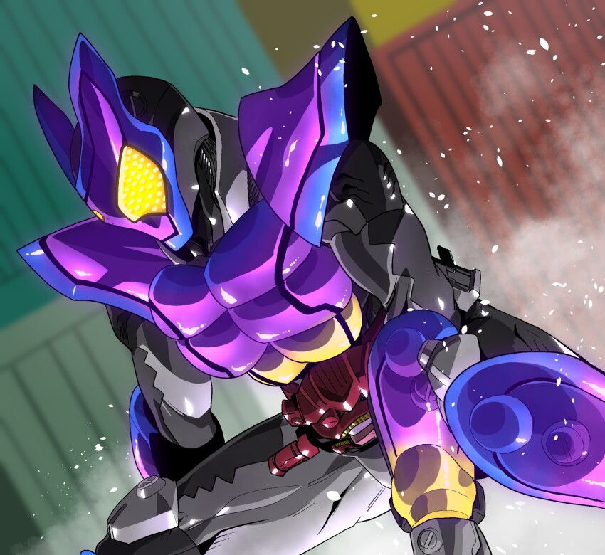 1boy adk-em amakawa_mayu armor bandai bandai_namco black_bodysuit blurry blurry_background bodysuit candy compound_eyes container food gochizou gochizou_holder gummy_candy henshin_belt_gavv highres ishimori_prod kamen_rider kamen_rider_gavv kamen_rider_gavv_(poppingummy_form) kamen_rider_gavv_(series) male_focus poppin_gummy_gochizou power_armor purple_armor rider_belt shoulder_armor solo squatting toei_company tokusatsu tv_asahi upper_body yellow_eyes