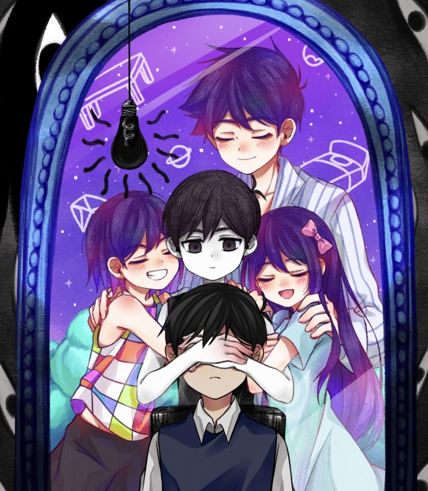 1girl 4boys :d aubrey_(headspace)_(omori) aubrey_(omori) bare_shoulders bed black_eyes black_hair black_shirt black_vest blue_dress blue_shirt blush bow closed_eyes closed_mouth collarbone collared_shirt commentary_request covering_another&#039;s_eyes dress expressionless frown gem gem_(symbol) grin hair_between_eyes hair_bow hero_(headspace)_(omori) hero_(omori) highres hug kel_(headspace)_(omori) kel_(omori) light_bulb linglanjunying long_hair long_sleeves mirror multicolored_clothes multicolored_shirt multiple_boys omori omori_(omori) open_mouth pajamas pale_skin pink_bow planet purple_hair shirt short_hair short_sleeves sitting sleeveless sleeveless_shirt smile something_(omori) standing striped_clothes striped_shirt sunny_(omori) table tank_top teeth vest white_shirt wing_collar