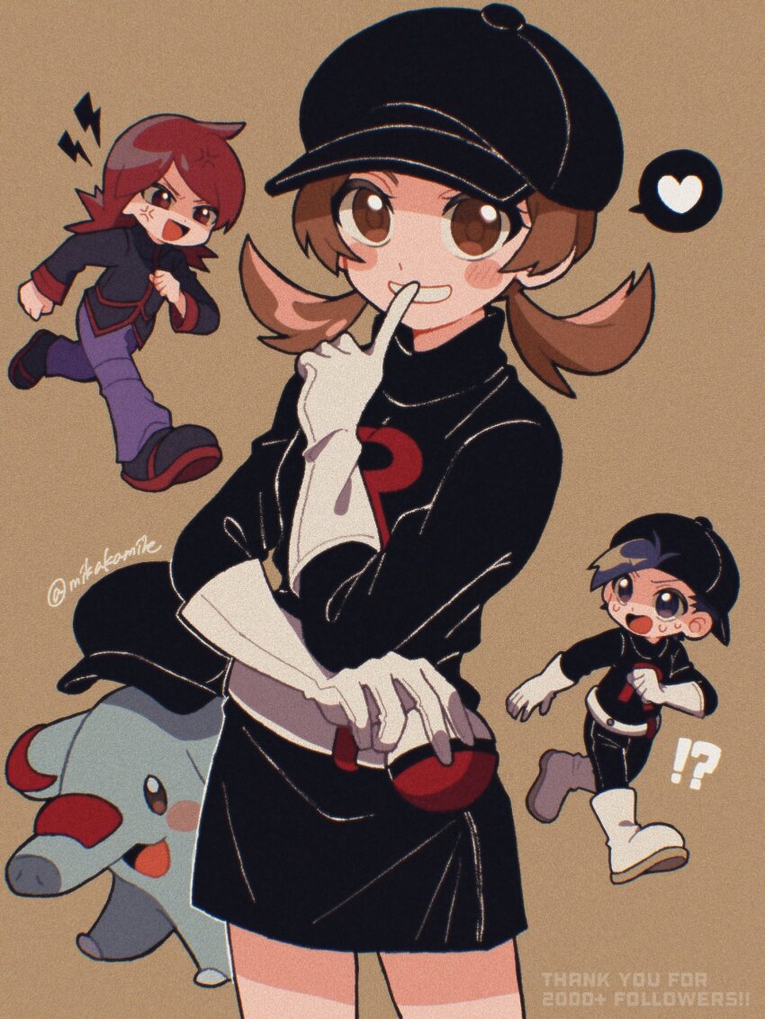 !? 1girl 2boys anger_vein black_hair black_hat black_jacket black_skirt blush blush_stickers boots brown_background brown_eyes brown_hair cowlick ethan_(pokemon) finger_to_mouth game_freak gen_2_pokemon gloves grin hat heart highres holding holding_poke_ball index_finger_raised jacket lightning_bolt_symbol looking_at_viewer lyra_(pokemon) medium_hair mikakami1e multiple_boys nintendo phanpy poke_ball poke_ball_(basic) pokemon pokemon_(creature) pokemon_hgss red_hair running silver_(pokemon) skirt smile spoken_heart team_rocket team_rocket_uniform twintails twitter_username white_footwear white_gloves