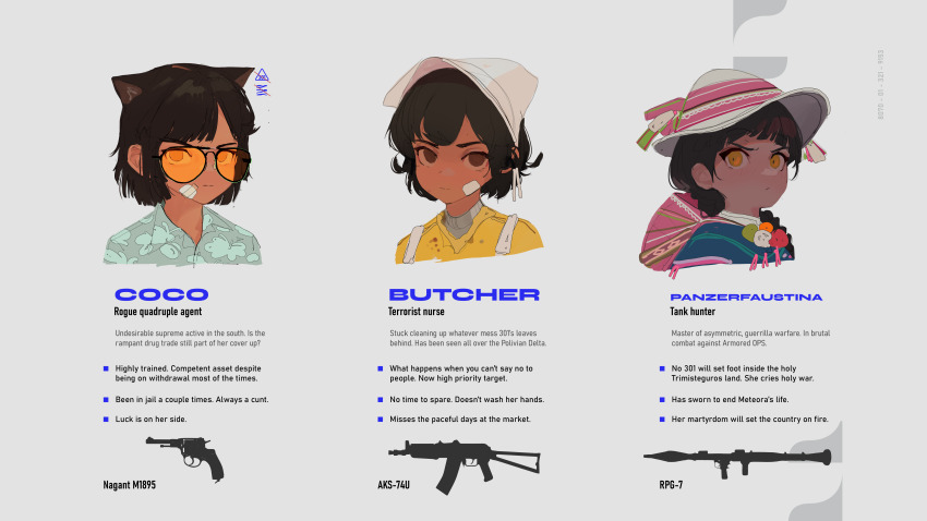 3girls absurdres aks-74u animal_ears assault_rifle bandage_on_face bandages black_hair cat_ears cat_girl collared_shirt electronic_firearm english_text extra_ears gas-seal_revolver glasses gun handgun hat hawaiian_shirt highres kalashnikov_rifle multiple_girls nagant_m1895 original polilla revolver rifle rocket_launcher rpg rpg-7 rpg_(weapon) shirt weapon