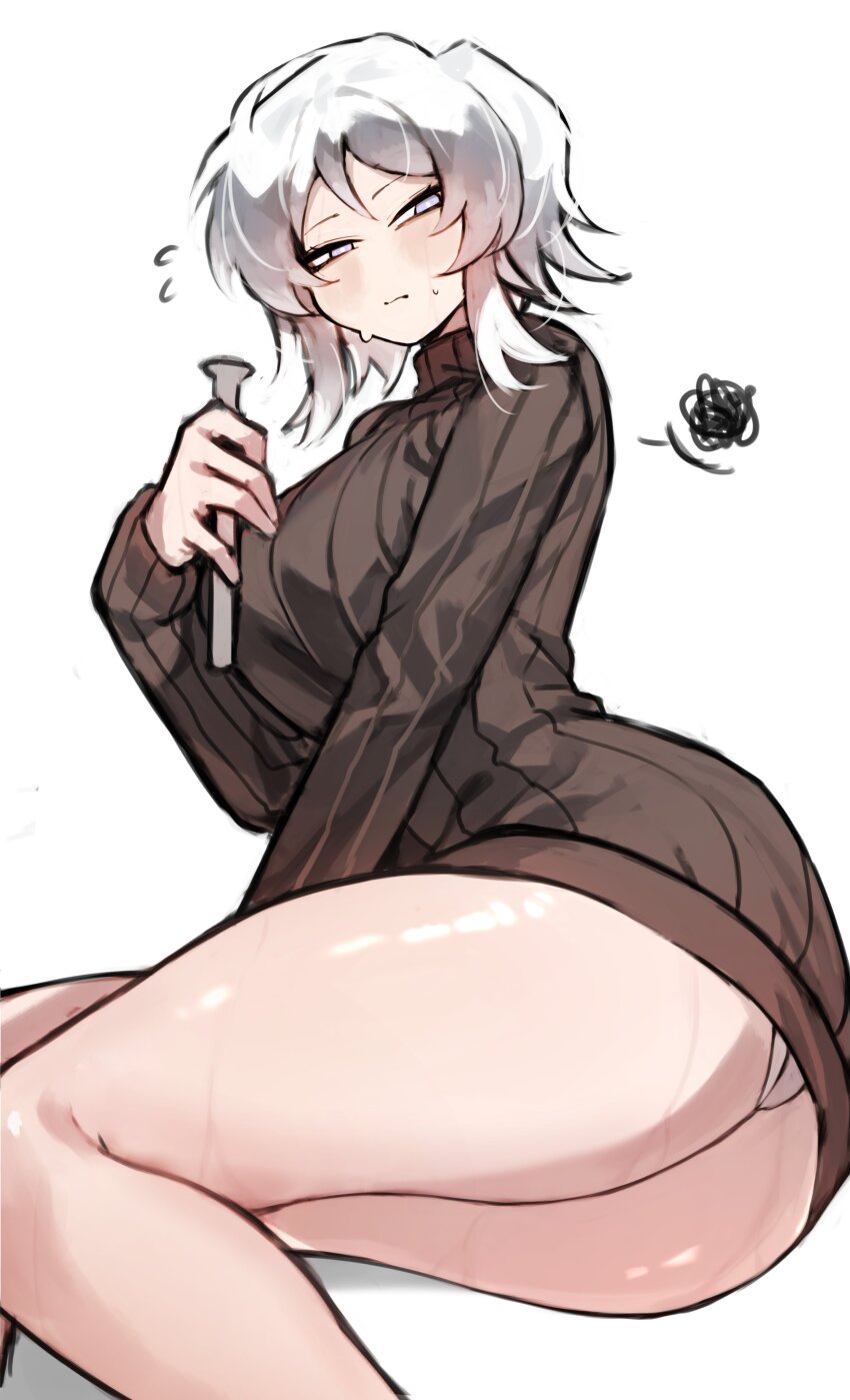 1girl absurdres ass ass_focus blue_eyes breasts brown_sweater commentary english_commentary faust_(project_moon) highres holding holding_vial large_breasts limbus_company looking_at_viewer project_moon ribbed_sweater shigezie short_hair simple_background sitting solo sweat sweater turtleneck turtleneck_sweater vial white_background white_hair yokozuwari