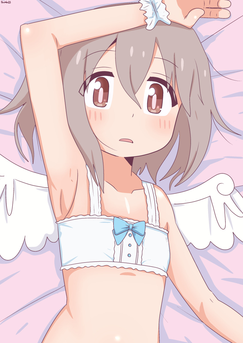 1boy absurdres angel angel_wings arm_up armpits bambi2000line bandeau bare_arms bare_shoulders bed_sheet blue_bow blush bow brown_eyes collarbone commentary cosplay crossdressing grey_hair hair_between_eyes highres looking_at_viewer lying male_focus on_back onii-chan_wa_oshimai! oyama_mahiro oyama_mahiro_(cosplay) senkawa_minato solo trap upper_body white_bandeau wings wrist_cuffs