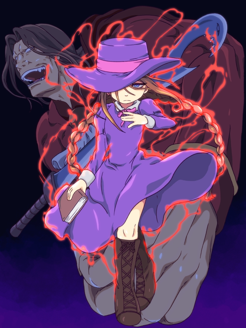 1boy 1girl anita_(darkstalkers) arm_up aura blue_eyes book boots braid brown_footwear brown_hair character_request closed_mouth darkstalkers dress full_body hat highres holding holding_book knee_boots lace-up_boots long_hair long_sleeves looking_at_viewer puffy_sleeves purple_dress purple_hat red9_(isktmz) standing sword twin_braids weapon