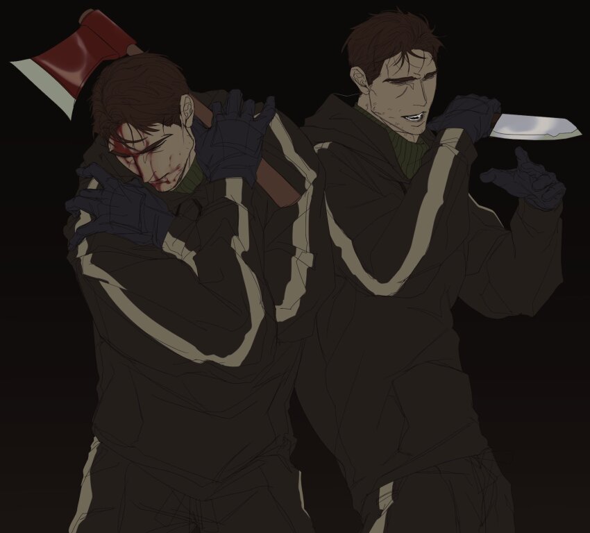 2boys afraid_of_monsters arms_up axe black_background black_gloves black_hoodie blood blood_from_forehead blood_on_face blood_on_mouth brown_hair closed_eyes david_leatherhoff dual_persona facial_hair fighting_stance fire_axe gloves goatee_stubble highres holding holding_axe holding_knife hood hoodie ju-san knife male_focus multiple_boys open_mouth over_shoulder print_hoodie scar scar_on_face short_hair stubble the_addiction_(afraid_of_monsters) weapon weapon_over_shoulder