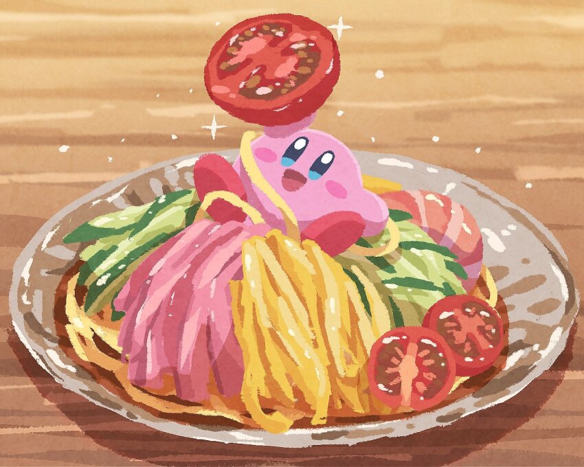 :d blue_eyes blush_stickers commentary_request food kirby kirby_(series) lettuce miclot nintendo no_humans open_mouth pasta shrimp smile spaghetti tomato
