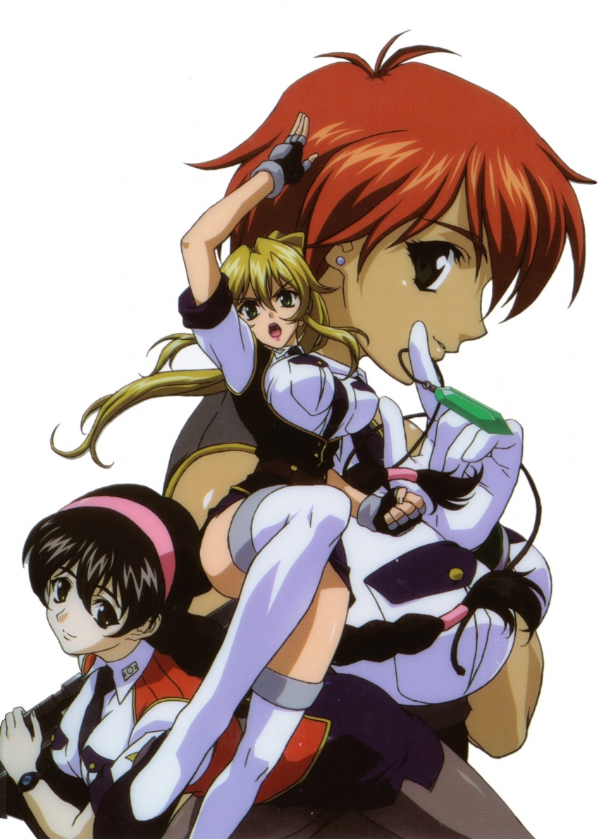 3girls black_hair blonde_hair breasts burn-up_scramble dark-skinned_female dark_skin hairband highres jinguu_maya kinezono_rio large_breasts lilica_evett miniskirt multiple_girls non-web_source pink_hairband police police_uniform policewoman red_hair skirt thighhighs