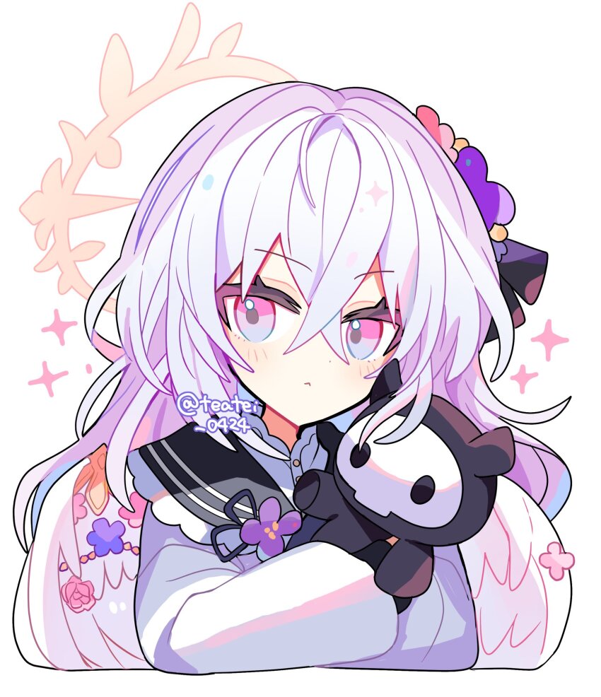 1girl :&lt; azusa_(blue_archive) black_sailor_collar blue_archive blush closed_mouth commentary cropped_torso frilled_sailor_collar frills hair_between_eyes hair_ornament halo highres holding holding_stuffed_toy long_hair long_sleeves looking_at_viewer pink_eyes purple_hair sailor_collar school_uniform serafuku shirocha_tei solo stuffed_toy twitter_username yellow_halo