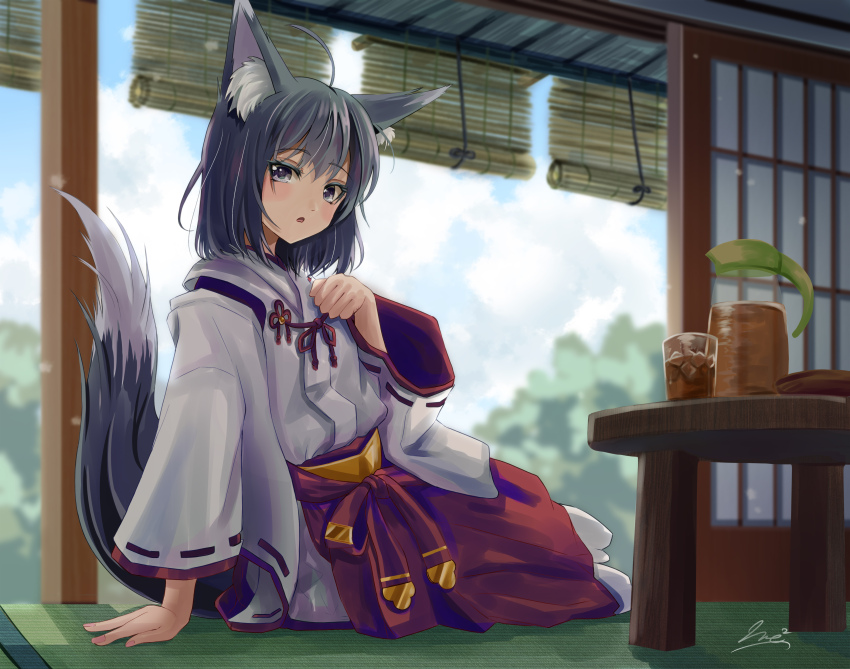 1girl absurdres ahoge animal_ear_fluff animal_ears arm_support black_hair blue_sky cloud cloudy_sky commentary_request cup day drink drinking_glass grey_eyes hair_between_eyes hakama hakama_skirt hand_up highres ice ice_cube indoors japanese_clothes kimono long_sleeves nail_polish no_shoes nontraditional_miko on_floor original parted_lips pink_nails red_hakama red_socks ribbon-trimmed_sleeves ribbon_trim signature skirt sky socks solo tabi table tail tatami white_kimono wide_sleeves yumibakama_meme