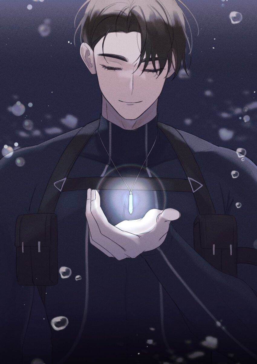 1boy air_bubble black_hair black_male_swimwear blue_bodysuit bodysuit bubble closed_eyes closed_mouth commentary_request diving_suit eoduun_badaui_deungbul-i_doeeo glowing glowing_jewelry highres jewelry korean_commentary male_focus male_swimwear moon_m_z necklace parted_bangs shin_hae-ryang short_hair smile solo swimsuit upper_body wetsuit