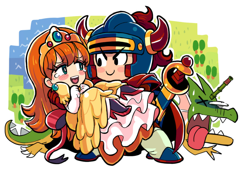 1boy 1girl armor bamboo black_eyes blue_armor blue_eyes blue_gemstone blue_helmet blush_stickers bright_pupils cape carrying chibi chibi_only dragon dragon_quest dragon_quest_i dress earrings elbow_gloves fake_horns furrowed_brow gashi-gashi gem gloves gold_tiara green_dragon_(dragon_quest) hands_up happy_tears heart heart_in_mouth helmet hero_(dq1) high_heels horned_helmet horns impaled jewelry long_hair one_eye_closed open_mouth orange_hair own_hands_together princess princess_carry princess_laura puffy_short_sleeves puffy_sleeves red_cape red_gemstone red_gloves sharp_teeth short_sleeves smile sphere_earrings stiletto_heels tearing_up tears teeth tiara tongue tongue_out upper_teeth_only v-shaped_eyebrows white_gloves white_pupils x_x yellow_dress