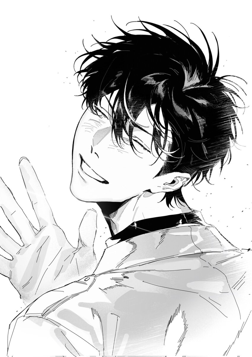 1boy black_hair closed_eyes coat commentary english_commentary from_behind grin hand_up highres kim_dokja looking_back male_focus messy_hair omniscient_reader&#039;s_viewpoint open_mouth owlaoao short_hair smile solo waving white_coat