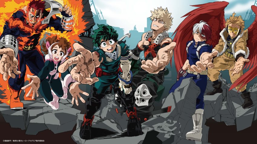 1girl 5boys bakugou_katsuki blonde_hair boku_no_hero_academia brown_eyes brown_hair endeavor_(boku_no_hero_academia) green_eyes green_hair hawks_(boku_no_hero_academia) highres looking_at_viewer midoriya_izuku multiple_boys nakamura_yutaka official_art open_mouth red_hair scar scar_on_face shoes short_hair teeth todoroki_shouto uraraka_ochako wings
