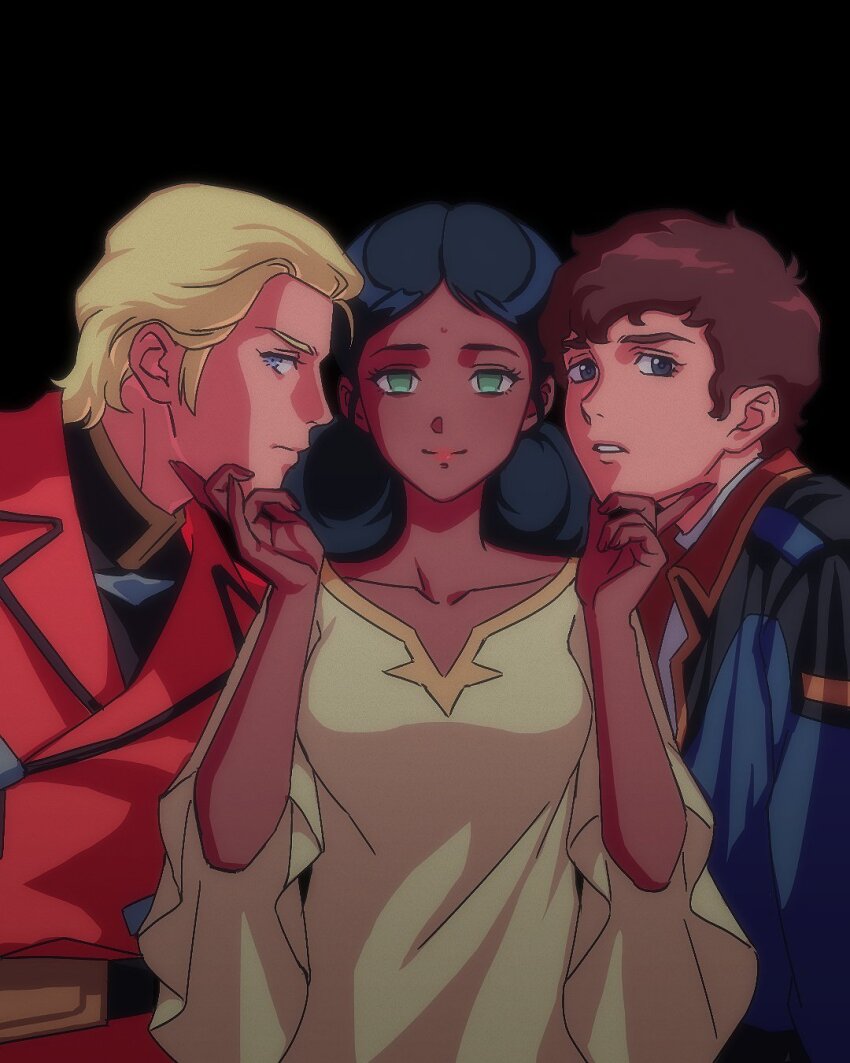 1girl 2boys amuro_ray bindi black_background blonde_hair blue_eyes brown_hair char_aznable dark-skinned_female dark_skin dress green_eyes gundam hand_on_another&#039;s_chin highres indian lalah_sune looking_at_viewer military_uniform mobile_suit_gundam multiple_boys retro_artstyle short_hair simple_background yellow_dress yy0880yy