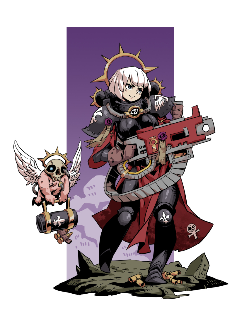 1.00_calibre_bolt 1girl absurdres adepta_sororitas alt_text ammunition_belt ammunition_chute angel_wings anti-materiel_cartridge armor bolt_(warhammer_40k) bolt_pistol bolter breasts cannon_cartridge cape flamer full_body gun heavy_bolter high-explosive_cartridge highres holding holding_weapon imperium_of_man pauldrons power_armor purity_seal purple_background rmulderz rocket-assisted_projectile short_hair shoulder_armor simple_background warhammer_40k weapon white_hair wings