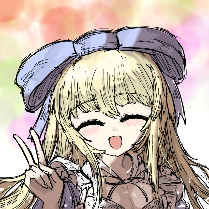 1girl ^_^ absurdres alice_(black_souls) black_souls blonde_hair blue_bow blush bow breasts chinese_commentary cleavage closed_eyes commentary_request facing_viewer hair_bow hand_up highres large_breasts long_hair neck_ribbon open_mouth portrait ribbon smile solo v white_ribbon xun_lin_(pixiv_93392103)