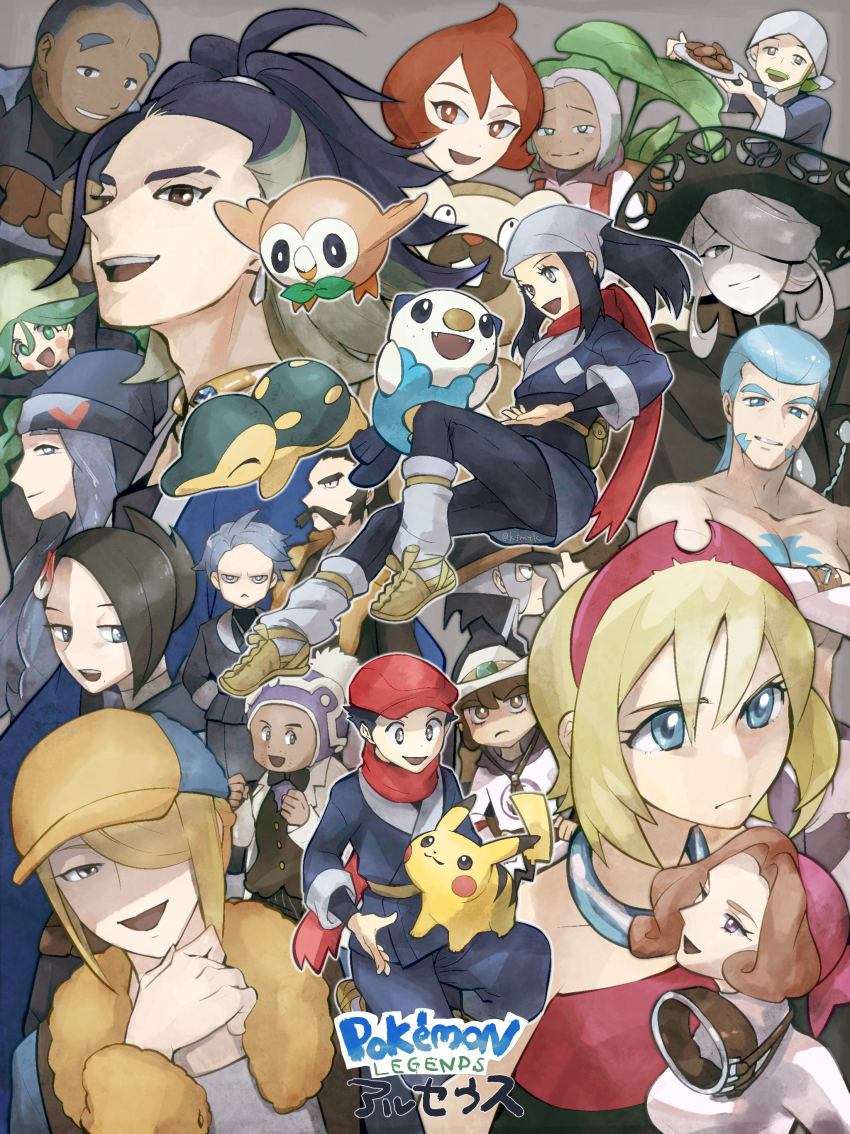 6+boys 6+girls :&lt; absurdres adaman_(pokemon) akari_(pokemon) arezu_(pokemon) bandana belt beni_(pokemon) bibarel black_bow black_bowtie black_coat black_dress black_eyes black_headwear black_pants black_vest blue_eyes blue_facial_hair blue_hair blue_headwear blush_stickers bow bowtie bracelet braid bright_pupils brown_bag brown_eyes brown_footwear brown_hair calaba_(pokemon) chest_tattoo closed_mouth coat cogita_(pokemon) collarbone copyright_name crossed_arms cyllene_(pokemon) cyndaquil dark-skinned_male dark_skin dress earrings eyelashes facial_hair frown gaeric_(pokemon) galaxy_expedition_team_survey_corps_uniform gen_1_pokemon gen_2_pokemon gen_4_pokemon gen_5_pokemon gen_7_pokemon goatee goggles goggles_around_neck green_eyes green_headwear grey_background grey_eyes grey_facial_hair grey_hair grey_socks grin hair_ornament hair_over_one_eye hairband hairclip hands_in_pockets hands_on_own_hips headscarf highres holding holding_plate ingo_(pokemon) irida_(pokemon) iscan_(pokemon) japanese_clothes jewelry kamado_(pokemon) professor_laventon lian_(pokemon) mai_(pokemon) matsuko_(kj_punch) melli_(pokemon) mole mole_under_mouth multicolored_hair multiple_boys multiple_girls mustache nintendo old old_woman open_mouth oshawott palina_(pokemon) pants pikachu pink_bandana pink_eyes plate pokemon pokemon_(creature) pokemon_legends:_arceus pom_pom_(clothes) purple_headwear red_dress red_eyes red_hairband red_headwear red_scarf rei_(pokemon) rowlet sabi_(pokemon) scarf short_hair smile socks sparse_stubble split_mouth striped_clothes striped_pants sweater tattoo teeth thick_eyebrows twin_braids two-tone_headwear upper_teeth_only vest volo_(pokemon) white_headscarf white_headwear white_pupils white_sweater wrinkled_skin