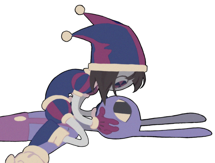 eye_contact furry furry_male furry_with_non-furry gloves hat hetero interspecies jax_(the_amazing_digital_circus) jester jester_cap looking_at_another multicolored_eyes pomni_(the_amazing_digital_circus) rabbit_boy robot_(pixiv_42325944) the_amazing_digital_circus white_background yellow_gloves