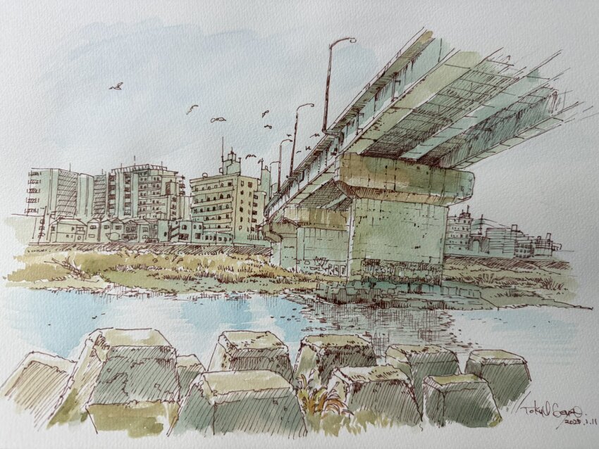 animal bird blue_sky bridge building commentary_request dated day grass highres lamppost no_humans original outdoors river scenery shore signature sky tokyogenso water