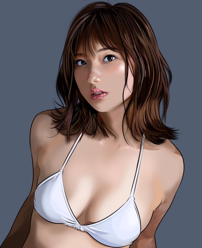 1girl aobe_emi asian bra breasts brown_eyes brown_hair cleavage highres japanese_(nationality) looking_at_viewer medium_breasts medium_hair realistic simple_background solo terarin tsuburaya_productions ultra_series ultraman_blazar_(series) underwear