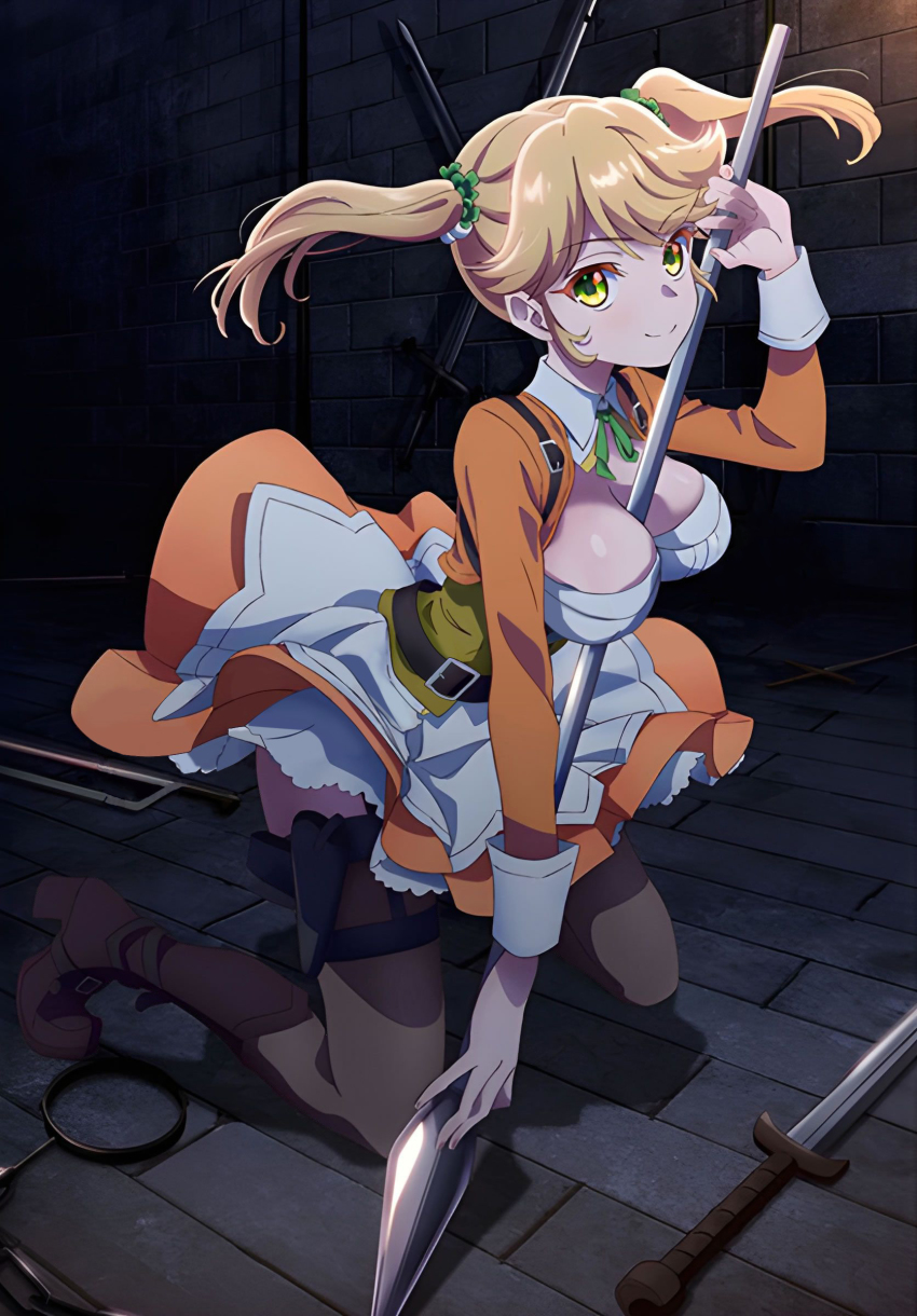 1girl absurdres between_breasts black_thighhighs blonde_hair boots breasts cleavage dress frilled_dress frills garter_straps hair_ornament hair_scrunchie highres holding holding_lance holding_polearm holding_weapon lance large_breasts long_sleeves looking_at_viewer multicolored_dress official_art polearm scrunchie sekai_saikou_no_ansatsusha_isekai_kizoku_ni_tensei_suru short_twintails sidelocks smile sword tarte_(ansatsu_kizoku) thighhighs thighs twintails weapon white_dress yellow_dress yellow_eyes