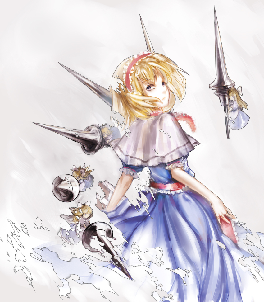 1girl alice_margatroid blonde_hair blue_dress book capelet ciel_(19940421) closed_mouth commentary_request dress hairband highres lolita_hairband puffy_short_sleeves puffy_sleeves red_hairband shanghai_doll short_sleeves solo touhou upper_body white_background white_capelet