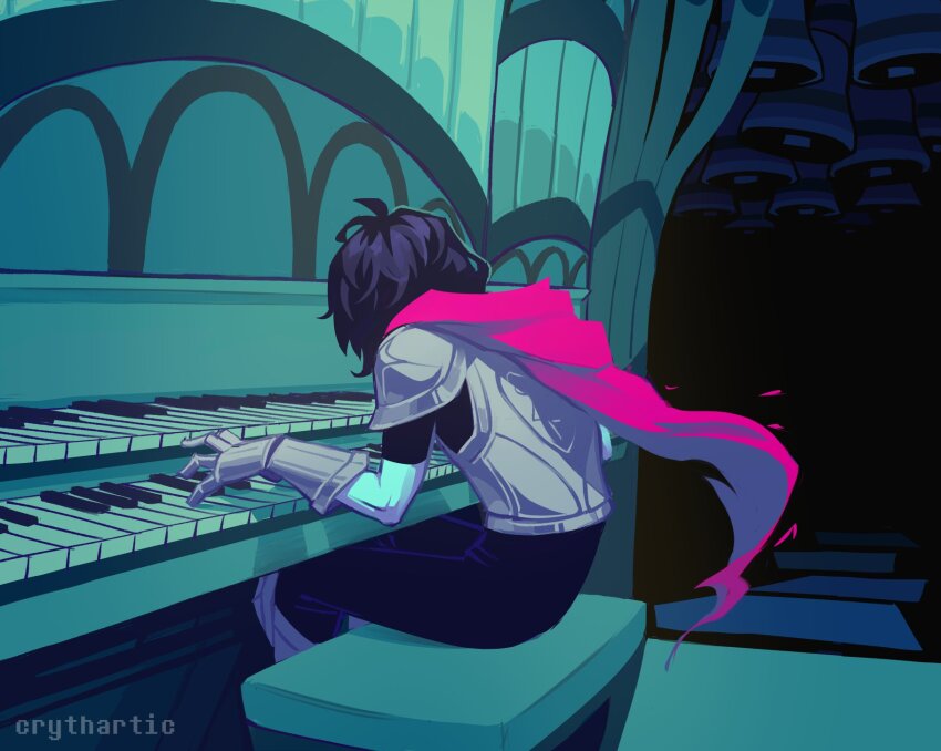 1other armor armored_gloves artist_name bell blue_skin colored_skin commentary crythartic deltarune english_commentary highres instrument kris_(dark_world)_(deltarune) kris_(deltarune) music other_focus pink_scarf pipe_organ playing_instrument scarf short_hair sitting solo
