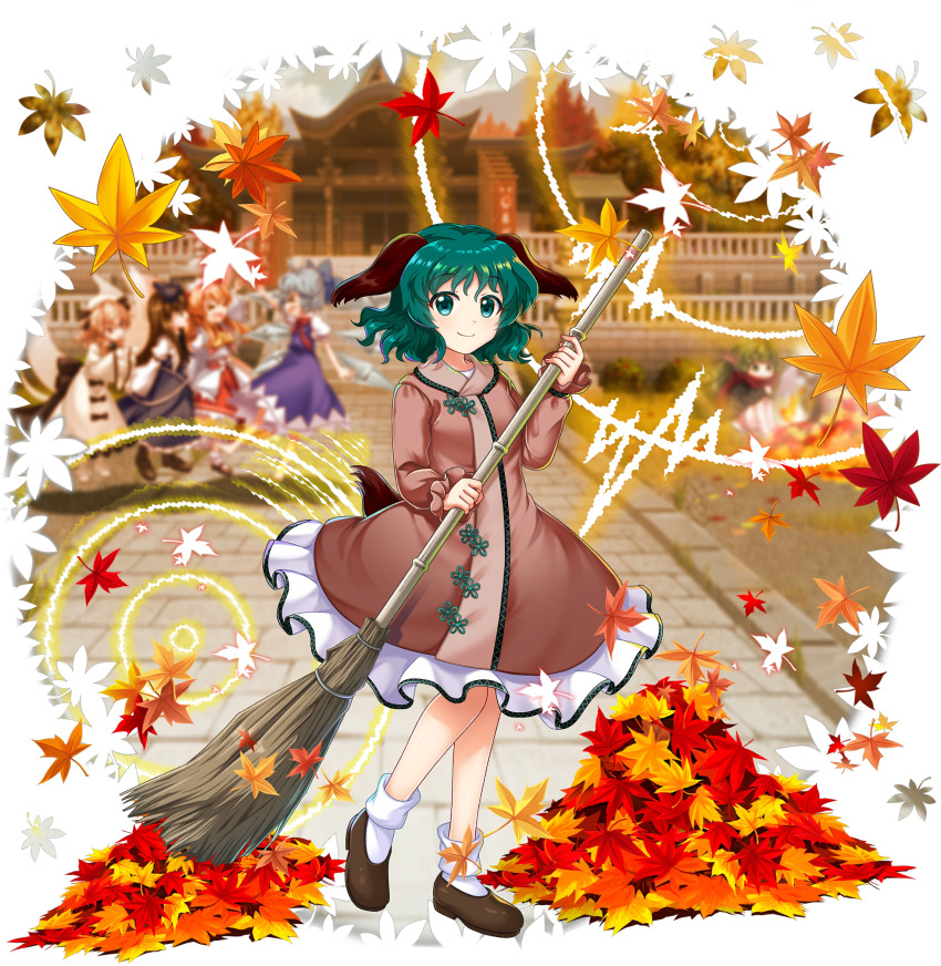 5girls animal_ears autumn_leaves bamboo_broom blonde_hair blue_bow blue_dress blue_hair bow broom brown_dress brown_shoes building cirno closed_mouth detached_wings dog_ears dog_tail dress fairy fairy_wings falling_leaves full_body game_cg green_eyes green_hair hair_bow hat highres holding holding_broom ice ice_wings kasodani_kyouko leaf long_sleeves looking_at_viewer luna_child multiple_girls myouren_temple official_art orange_hair pinafore_dress rotte_(1109) shoes short_hair sleeveless sleeveless_dress smile socks solo_focus star_sapphire sunny_milk tail third-party_source touhou touhou_lostword transparent_background white_dress white_hat white_socks wings