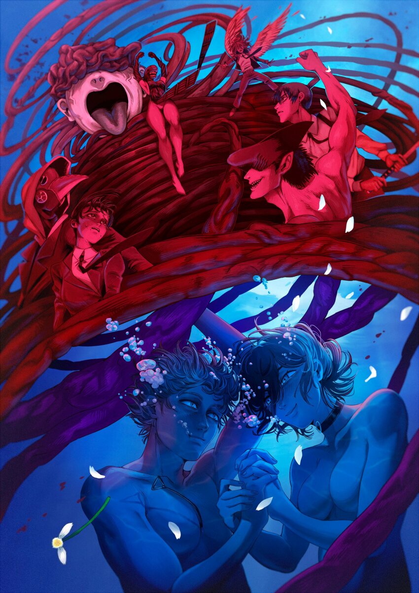 2girls 5boys absurdres air_bubble angel_devil_(chainsaw_man) apron beam_(chainsaw_man) black_choker black_hair breasts bubble chainsaw_man choker collared_shirt denji_(chainsaw_man) feathered_wings hayakawa_aki higashiyama_kobeni highres holding holding_breath holding_hands holding_sword holding_weapon hood hood_up medium_breasts multiple_boys multiple_girls necktie normov nude panties plague_doctor_mask reze_(chainsaw_man) shark_boy shirt short_hair submerged sword topknot typhoon_devil_(chainsaw_man) underwear violence_fiend_(chainsaw_man) weapon wings