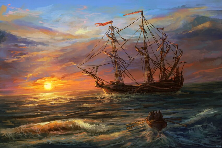 2boys 2girls anniechromes armor berserk berserker_armor black_armor boat casca_(berserk) character_request cloud cloudy_sky dragonslayer_(sword) flag greatsword guts_(berserk) highres horizon huge_weapon multiple_boys multiple_girls ocean rowboat sailboat schierke_(berserk) ship sky sun sunset sword watercraft waves weapon