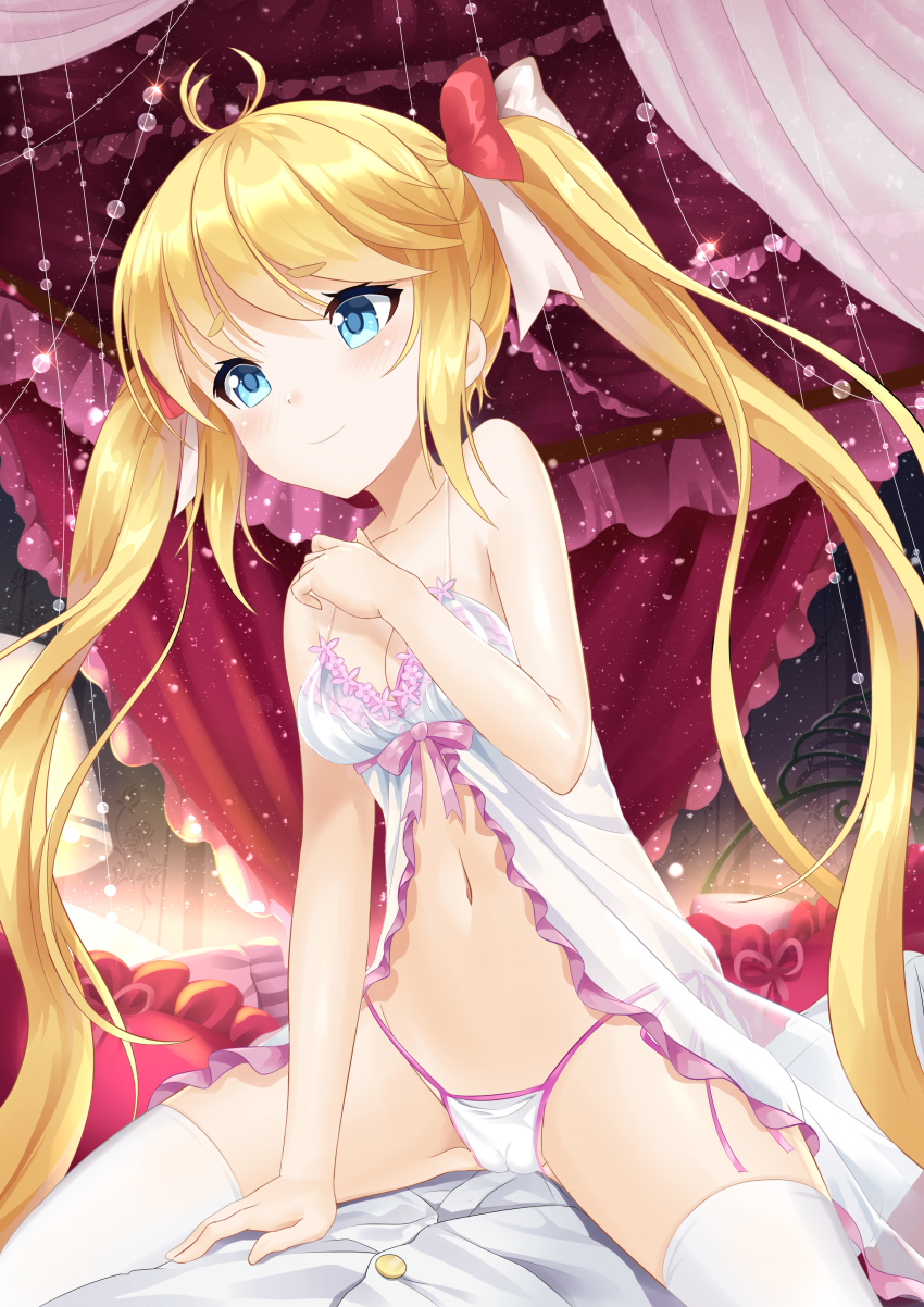 1boy 1girl absurdres admiral_(warship_girls_r) alternate_costume andrea_doria_(warship_girls_r) arm_support babydoll beads bed blonde_hair blue_eyes breasts cameltoe canopy_bed cleavage hand_up headboard highres lampshade light_smile long_hair navel panties side-tie_panties sleepwear small_breasts smile straddling taskforce141-doria thighhighs twintails underwear very_long_hair warship_girls_r white_thighhighs