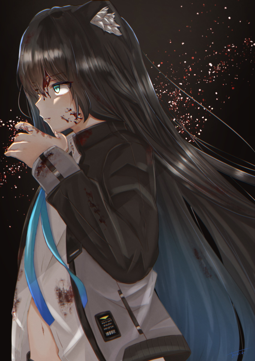 01160226 1girl absurdres animal_ear_fluff animal_ears black_background black_hair black_jacket blood blood_on_clothes blood_on_face blood_on_hands blue_eyes blue_hair blue_necktie cat_ears cat_girl from_side green_eyes highres jacket light_particles long_hair long_sleeves multicolored_hair multicolored_jacket navel necktie open_clothes open_jacket parted_lips profile shirt solo two-tone_jacket upper_body very_long_hair vrchat white_shirt xelevia