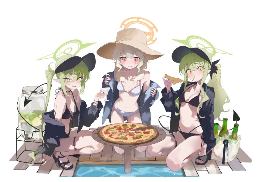3girls absurdres alternate_costume alternate_hairstyle aoba_(blue_archive) bikini black_bikini blonde_hair blue_archive breasts cheese cheese_trail demon_tail eating fang fluffy_hair food green_hair green_halo halo hat highleg highres hikari_(blue_archive) holding holding_food holding_pizza jacket long_hair long_sleeves looking_at_viewer low_twintails midriff multiple_girls navel nozomi_(blue_archive) off_shoulder open_clothes open_jacket open_mouth pepperoni pepq pink_trim pizza pizza_slice platform_sandals pointy_ears ponytail red_eyes saliva sandals siblings side-tie_bikini_bottom simple_background sisters small_breasts squatting sun_hat swimsuit tail twins twintails visor_cap white_bikini yellow_eyes yellow_halo