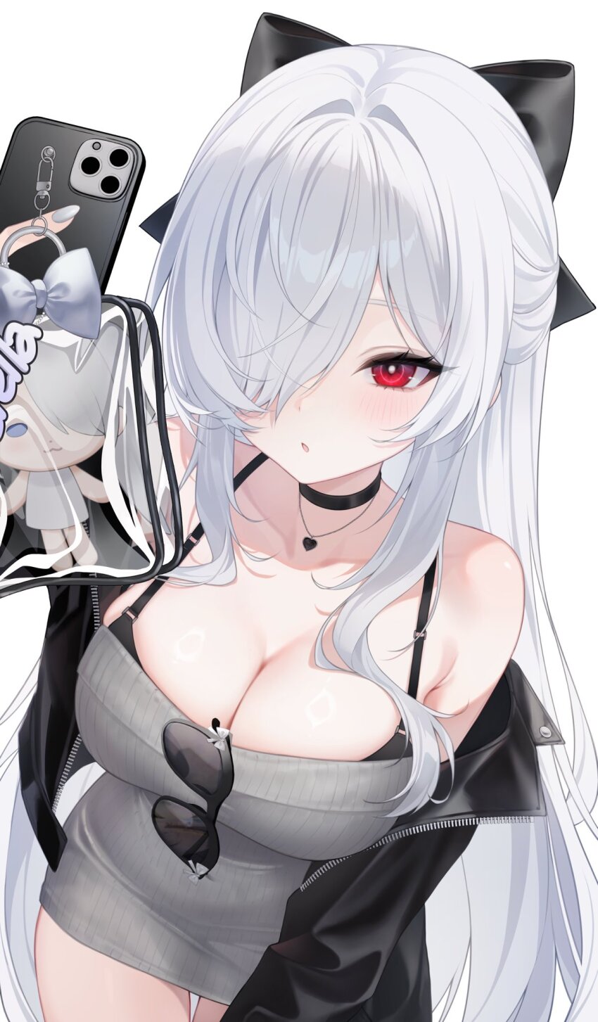1girl bbn_2212 black_choker black_jacket blush bow breasts cellphone cellphone_charm character_charm charm_(object) choker cinderella_(beautiful_me)_(nikke) cinderella_(nikke) cleavage dongtan_dress dress eyewear_hang goddess_of_victory:_nikke grey_dress hair_bow hair_over_one_eye heart heart_necklace highres jacket jacket_on_shoulders jewelry large_breasts long_hair meme_attire necklace official_alternate_costume phone red_eyes simple_background smartphone solo taut_clothes taut_dress unworn_eyewear very_long_hair white_background white_hair