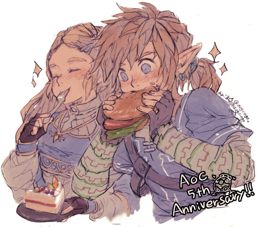 1boy 1girl anniversary aogoma black_gloves blue_eyes blue_shirt blue_tunic blush braid burger closed_eyes commentary_request crown_braid earrings eating fingerless_gloves food food_on_face fork gloves gold_trim hair_ornament hair_tie hairclip highres holding holding_food holding_fork hyrule_warriors:_age_of_calamity jewelry link low_ponytail medium_hair nintendo parted_bangs pointy_ears ponytail princess_zelda shirt short_hair sidelocks sparkle the_legend_of_zelda the_legend_of_zelda:_breath_of_the_wild thick_eyebrows tunic upper_body utensil_in_mouth white_background