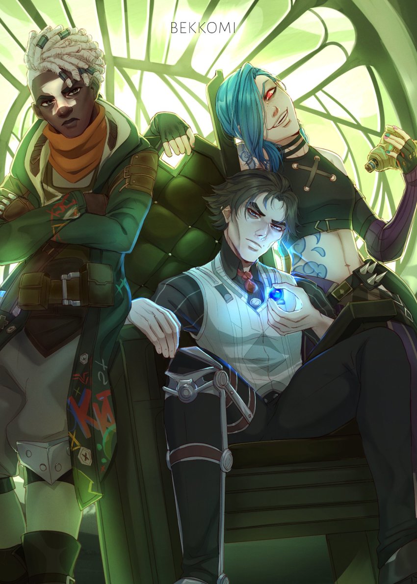 arcane_jinx ball bare_shoulders bekkomi belt black_pants black_shirt blue_nails boots breasts brown_belt brown_hair brown_pants chair cloud_tattoo collared_shirt crossed_arms dark-skinned_male dark_skin dreadlocks ekko_(league_of_legends) feet_out_of_frame fingerless_gloves firelight_ekko from_below gloves glowing green_hair grey_hair highres holding holding_ball indoors jacket jinx_(league_of_legends) league_of_legends long_hair long_sleeves medium_breasts midriff nail_polish navel orange_scarf pants pouch red_nails scarf shirt short_hair sitting stomach striped_clothes striped_shirt tattoo viktor_(arcane) viktor_(league_of_legends)