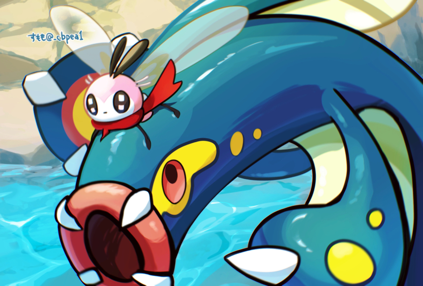 alternate_color animal_focus cbpea1 claws closed_mouth commentary_request day eelektross fangs gen_5_pokemon gen_7_pokemon highres nintendo no_humans open_mouth outdoors pink_eyes pokemon pokemon_(creature) red_scarf ribombee riding riding_pokemon scarf shiny_pokemon twitter_username water