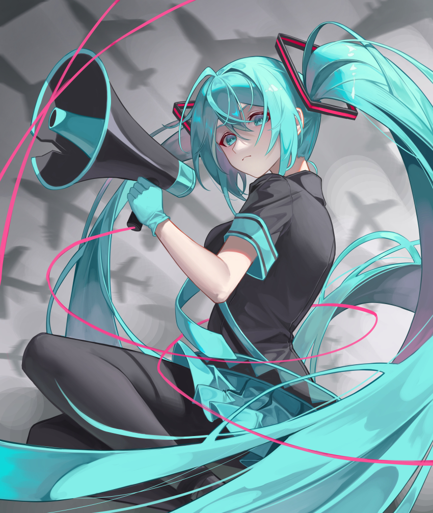 1girl absurdres aircraft airplane aqua_eyes aqua_hair black_pantyhose black_shirt blue_gloves blue_skirt fenglansishui floating_hair frown gloves grey_sky hair_between_eyes hair_ornament hatsune_miku highres holding koi_wa_sensou_(vocaloid) long_hair megaphone necktie pantyhose pleated_skirt shirt skirt sky solo twintails very_long_hair vocaloid