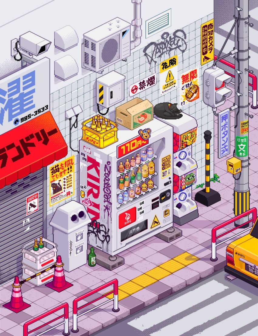 absurdres vent_(object) animal_collar awning bell black_cat bollard bottle building cable car cat cinder_block collar commentary condenser_unit crate crosswalk curled_up day english_commentary gashapon graffiti highres isometric making-of_available mixed-language_commentary motor_vehicle neck_bell no_humans outdoors partially_translated patpixels pepe_the_frog pixel_art railing recycle_bin road security_camera sidewalk sign sleeping soda_bottle street tactile_paving taxi tile_floor tile_wall tiles traffic_barrier traffic_cone traffic_light translation_request utility_pole vending_machine water_bottle