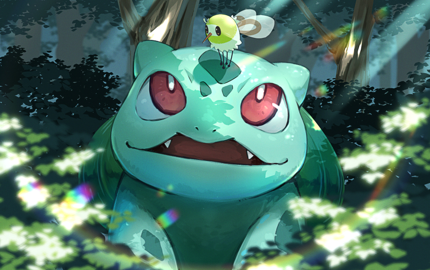 blurry bright_pupils bulbasaur commentary_request cutiefly day fangs forest gen_1_pokemon gen_7_pokemon highres light_rays nature nintendo no_humans on_head open_mouth outdoors pokemon pokemon_(creature) pokemon_on_head red_eyes smile torokko tree white_pupils