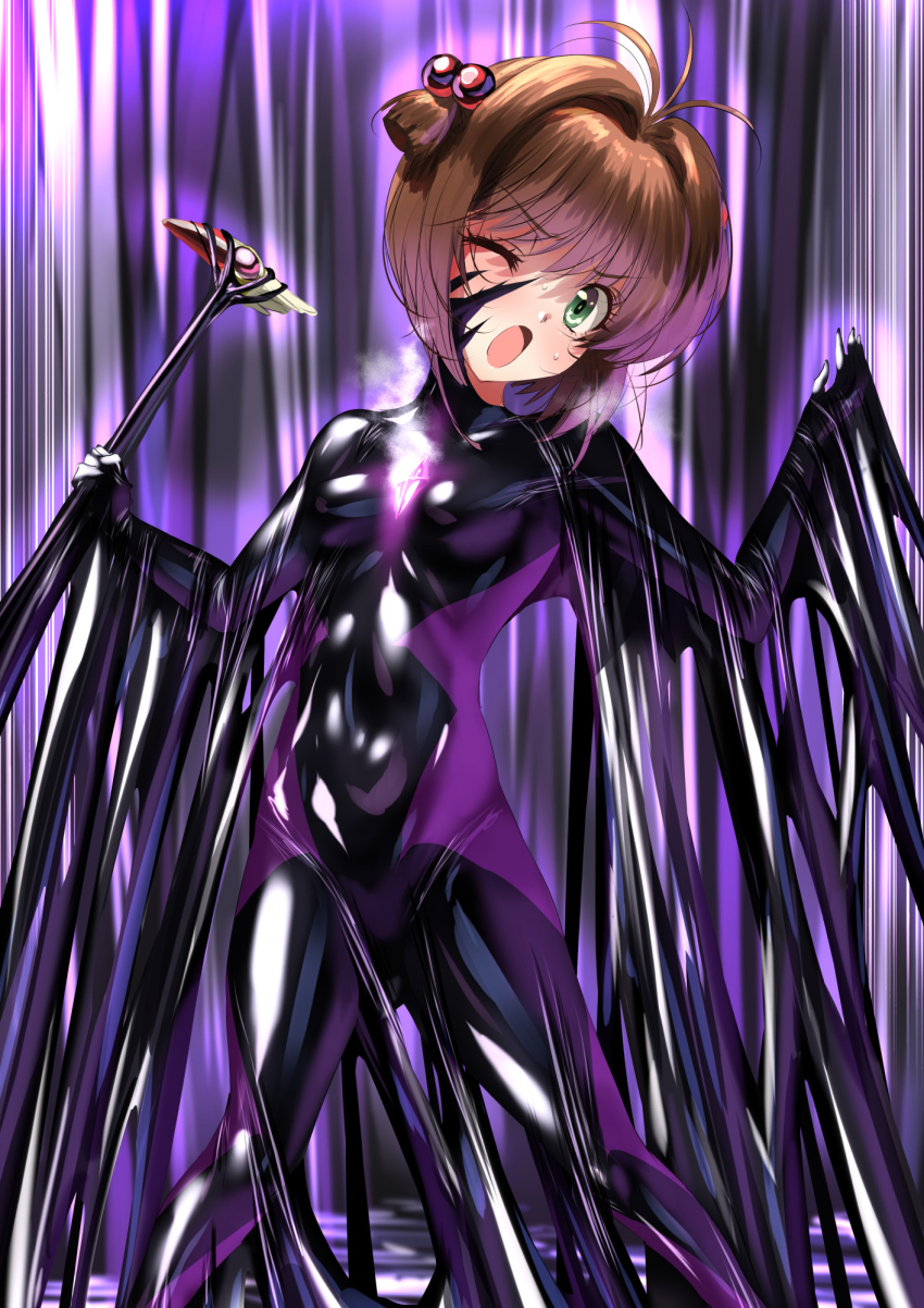 1girl ;o bad_end_precure between_breasts black_bodysuit blush bodysuit breasts brown_hair cardcaptor_sakura collarbone corruption cosplay covered_erect_nipples covered_navel crystal dark_persona encasement full-face_blush gem green_eyes head_tilt headpiece highres kinomoto_sakura latex one_eye_closed open_mouth precure restrained revision sen_(sansui) shiny_clothes short_hair skin_tight small_breasts smile_precure! solo sweatdrop wince