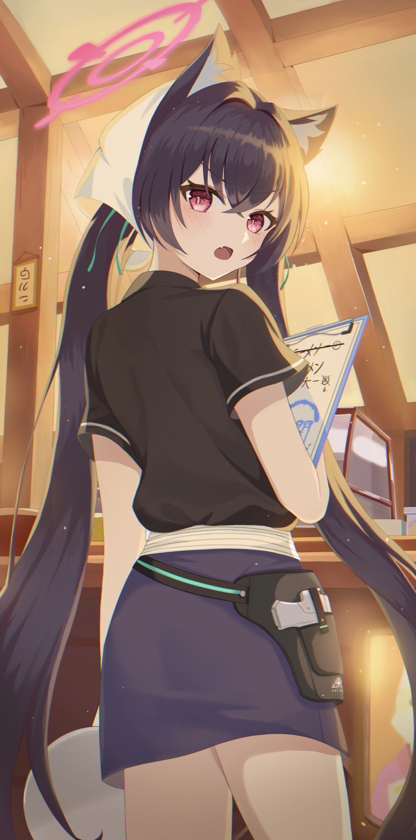 1girl absurdres animal_ear_fluff animal_ears assault_rifle beretta_ar70/90 black_hair blue_archive blush cat_ears gun hair_between_eyes halo highres hiko0303 long_hair looking_at_viewer navel official_alternate_costume open_mouth pink_halo red_eyes red_halo restaurant ribbon rifle serika_(blue_archive) solo twintails weapon wolf_ears