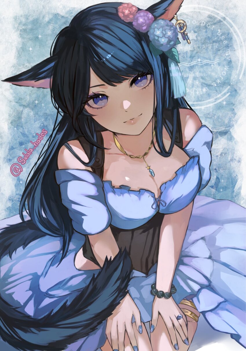1girl animal_ears black_hair blue_dress blue_eyes blue_nails breasts cat_ears cat_girl cat_tail cleavage commission dress earrings final_fantasy final_fantasy_xiv hair_ornament highres jewelry large_breasts legband looking_at_viewer miqo&#039;te nail_polish necklace ring selala_hades single_earring tail twitter_username warrior_of_light_(ff14)